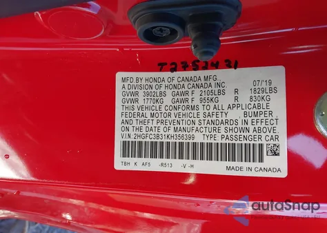 2019 Honda Civic Ex from USA, damaged, VIN 2HGFC3B31KH356399